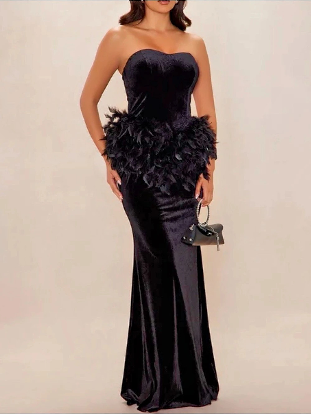 Fashion Nova Angelica Feather Trim Velvet Ball Gown Black Maxi Dress